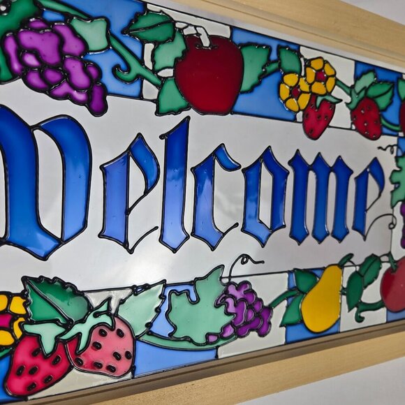 "Welcome" Sign Painted Glass Fruit Motif Wooden Frame Kitchen Indoors Outdoors - Picture 6 of 8